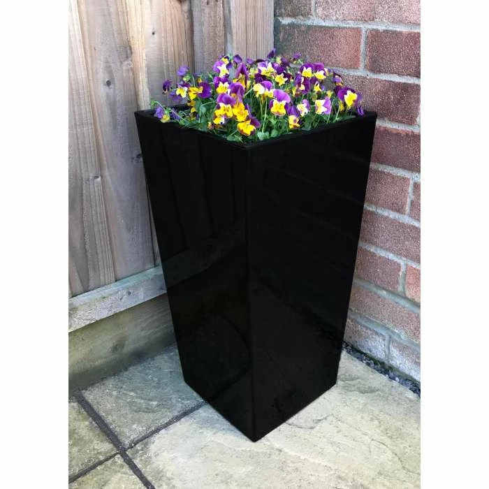 60cm x 34cm Gloss Tall Flared Square Fibreglass Planter in Black - By Primrose™ - Image 2