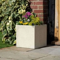 Cube 50cm Handmade Fiberstone Planter in Cream - Exclusive to Primrose