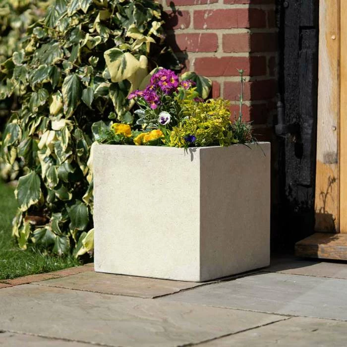 Cube 50cm Handmade Fiberstone Planter in Cream - Exclusive to Primrose