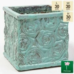 30cm Glazed Blue Ceramic Rose Patterned Cube Planter - Small