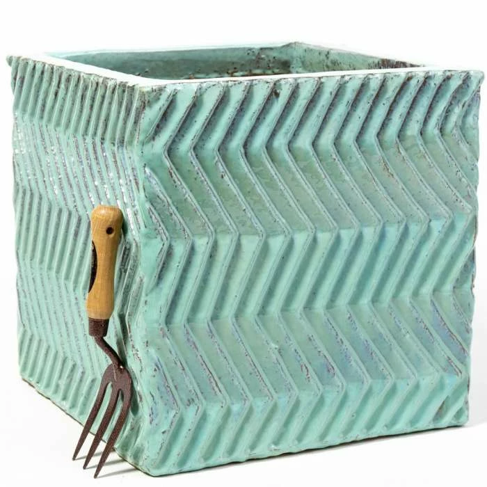 42cm Glazed Blue Ceramic Zig Zag Pattern Cube Planter - Large - Image 2