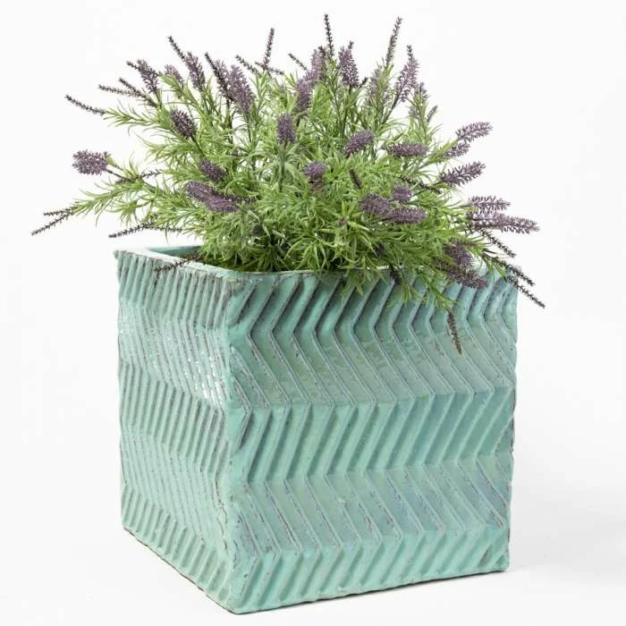 42cm Glazed Blue Ceramic Zig Zag Pattern Cube Planter - Large - Image 3