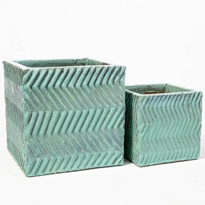 42cm Glazed Blue Ceramic Zig Zag Pattern Cube Planter - Large - Image 5