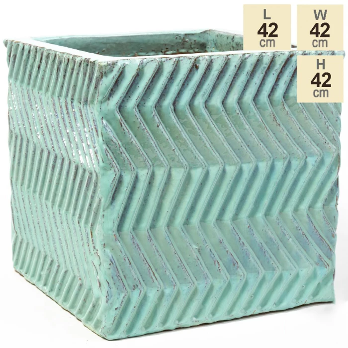 42cm Glazed Blue Ceramic Zig Zag Pattern Cube Planter - Large - Image 6